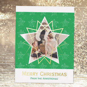 Modern Green Foil Stars Frohe Weihnachten Foto Folien Feiertagspostkarte