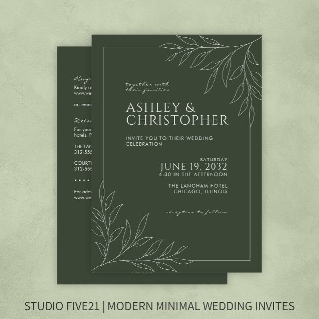 Modern Green Foliage Kontur All-in-One Hochzeit Einladung (Von Creator hochgeladen)