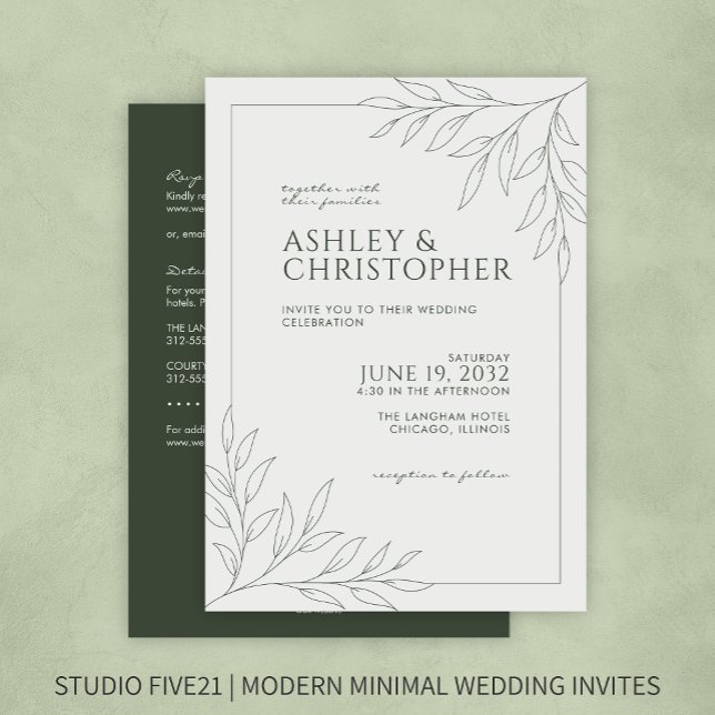 Modern Green Foliage Kontur All-in-One Hochzeit Einladung (Von Creator hochgeladen)