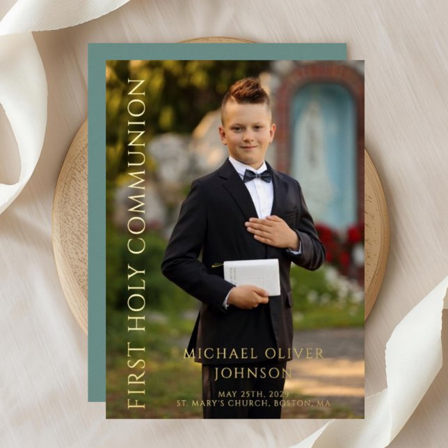 Modern Green Foto Boy First Communion Gold Folieneinladung (Modern Green Photo Boy First Communion Gold Foil Invitation)