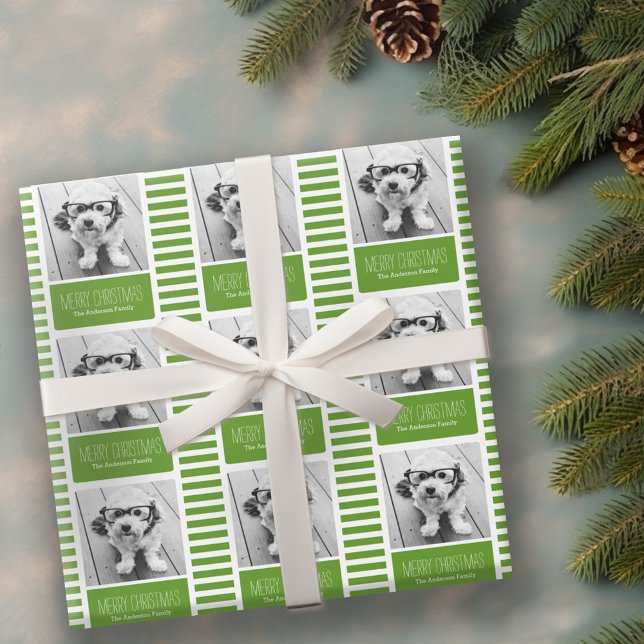 Modern Green frohe Weihnachten Ein Foto Geschenkpapier (Personalized Wrapping paper - 1 Photo)