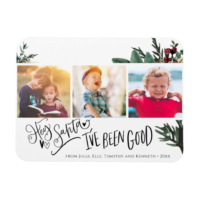 Modern Green Fun Script Hey Santa Pine Bough Foto Magnet (Horizontal)