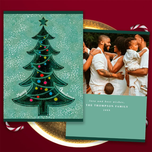 Modern Green Geometric Frohe Weihnachtsbaum Foto Feiertagskarte (Front and Back)