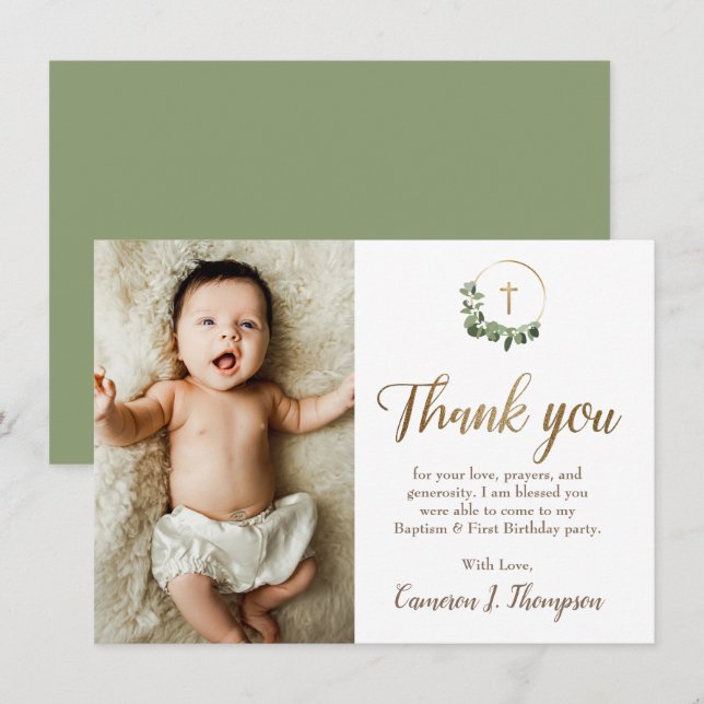 Modern Green Gold Cross baptism 1st birthday photo Dankeskarte (Vorne/Hinten)
