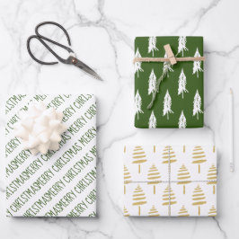 Modern Green & Gold Frory Weihnachtsbaume Geschenkpapier Set