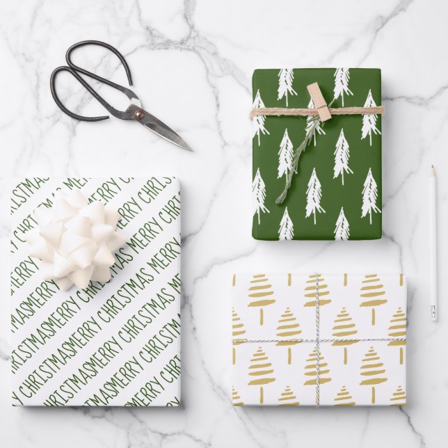 Modern Green & Gold Frory Weihnachtsbaume Geschenkpapier Set (Vorderseite)