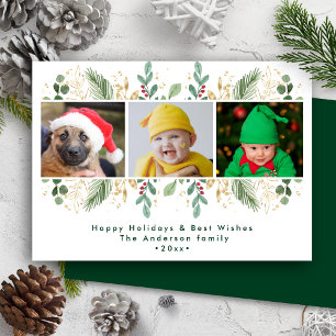 Modern Green Gold Red Berries Aquarell Feiertagskarte