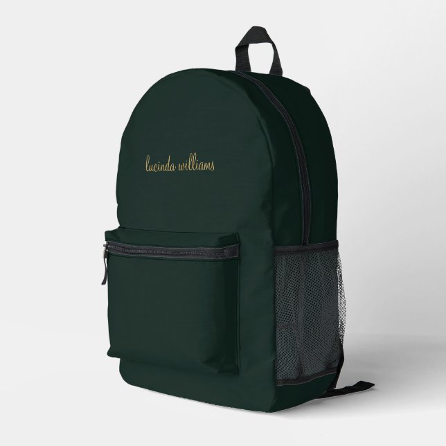 Modern: Green & Gold Script Monogram Bedruckter Rucksack (Rückseitige Ecke Rechts)