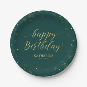 Modern Green & Gold Sparkle Happy Birthday Party Pappteller