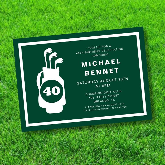 Modern Green Golf 40. Geburtstag Einladung (Modern Green Golf 40th Birthday Invitation)