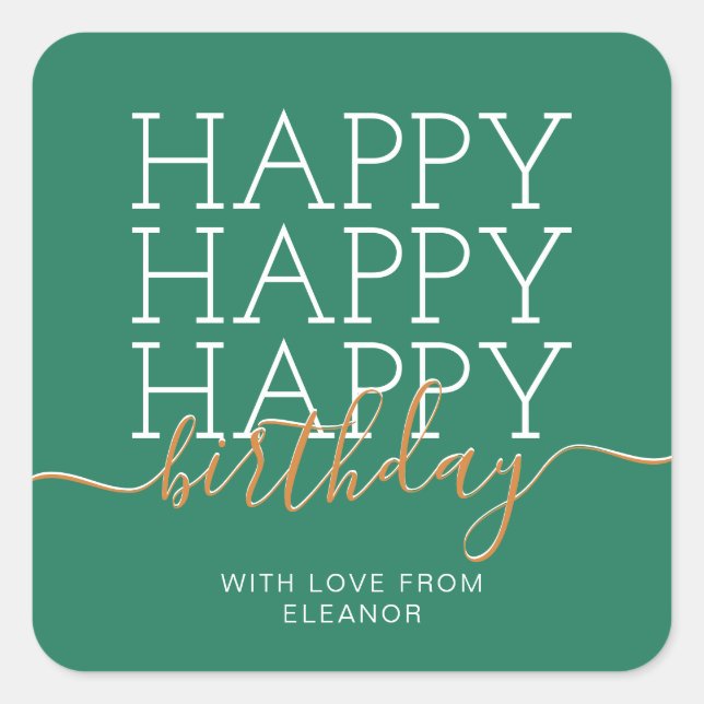 Modern green Happy Birthday Quadratischer Aufkleber (Vorderseite)