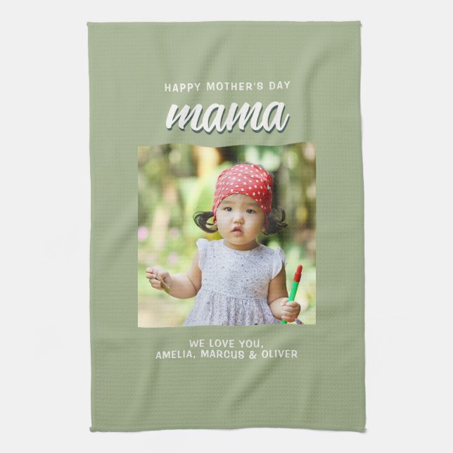 Modern Green Mama Kids Foto Muttertag  Geschirrtuch (Vertikal)
