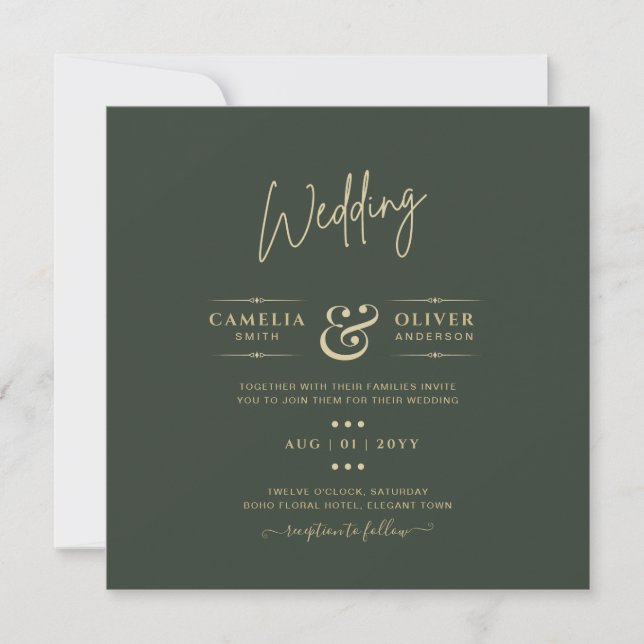 Modern Green Monochrome Wedding Einladung (Vorderseite)