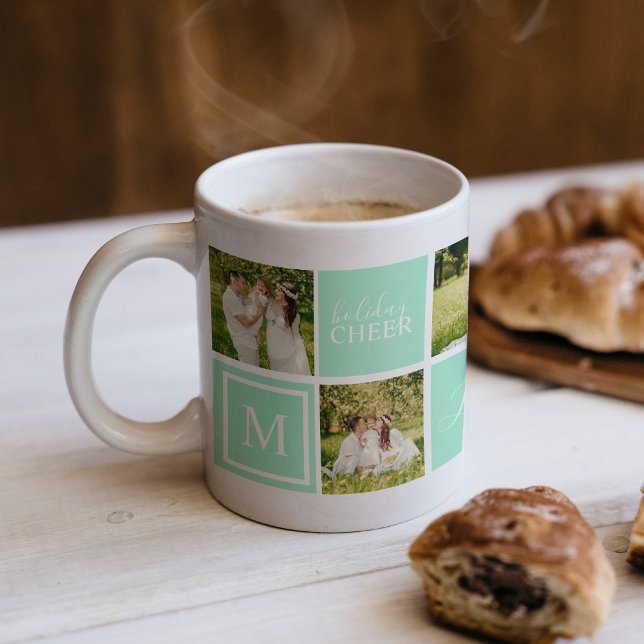 Modern Green Monogram Foto Collage Weihnachten Kaffeetasse (Holiday Cheer photo collage with monogram with fun mint green.  Great holiday photo gift.)