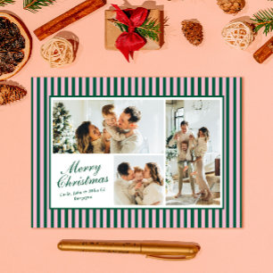 Modern Green n Pink Strip 3 Foto Weihnachtskarte Feiertagskarte