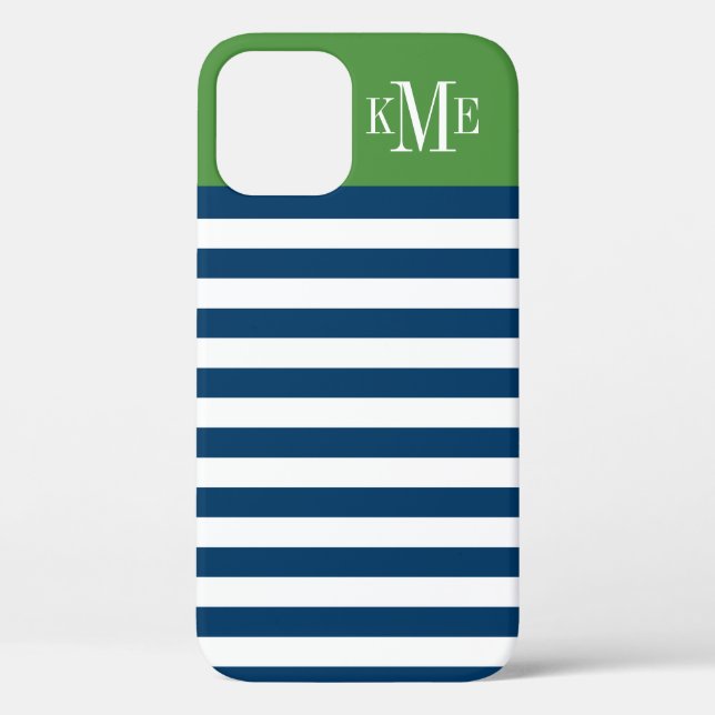 Modern Green Navy Streifen Custom Monogram Case-Mate iPhone Hülle (Rückseite)