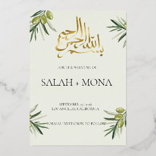 Modern Green Olive Branch Islamische Hochzeit Folieneinladung