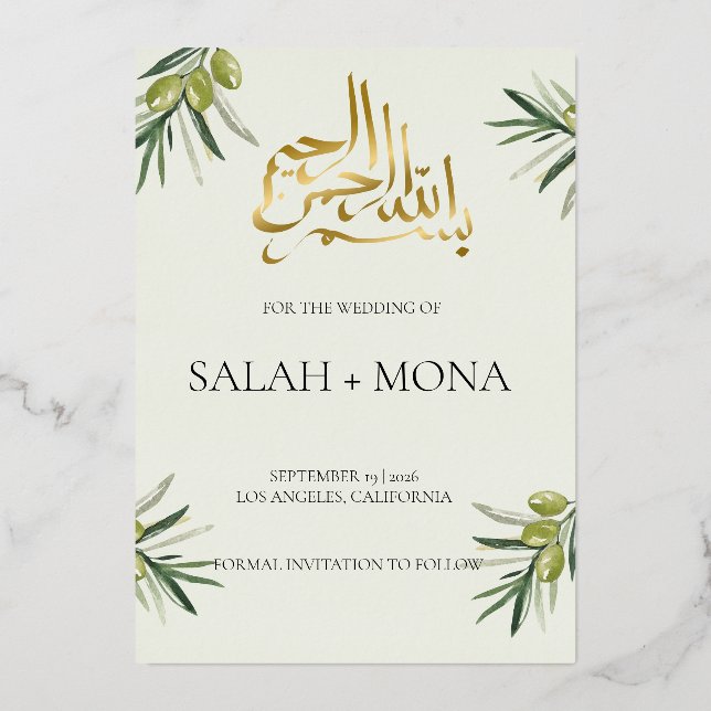Modern Green Olive Branch Islamische Hochzeit Folieneinladung (Vorderseite)