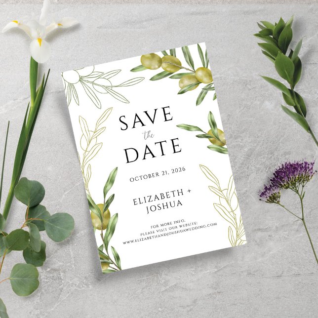 Modern Green Olive Branch Save the Date Karte (Von Creator hochgeladen)