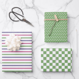 Modern Green, Pink, Blue Stripes, Green Checkered Geschenkpapier Set