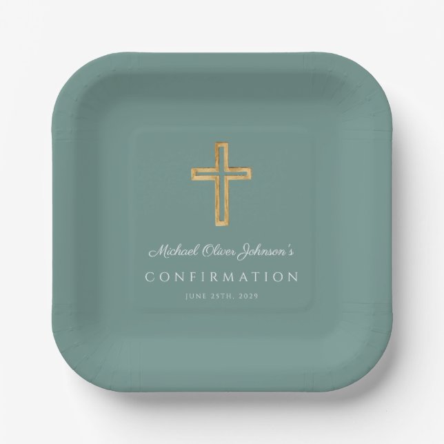 Modern Green Religious Cross Boy Confirmation Pappteller (Vorderseite)