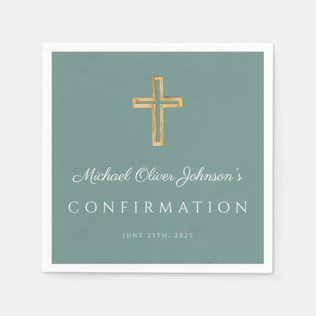 Modern Green Religious Cross Boy Confirmation Serviette (Vorderseite)