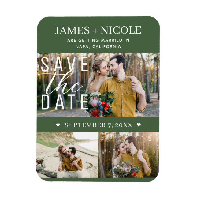 Modern Green Save the Date Wedding 3 Fotos Magnet (Vertikal)