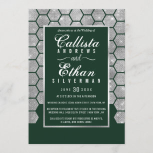 Modern Green Silver Glitzer Hexagon Geo Wedding Einladung