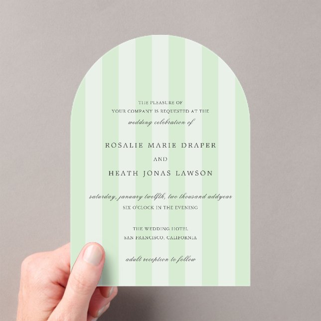Modern Green Stripes Elegant Wedding Acryleinladungen (Insitu (Handheld))