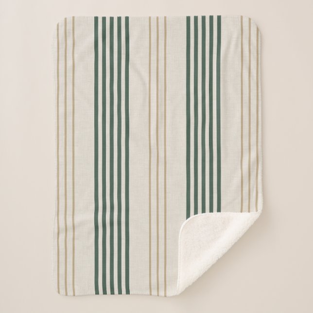 Modern Green Ticking Stripe Linen Texture Sherpadecke (Vorderseite)