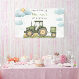 Modern Green Tractor 1st Birthday Party Banner
