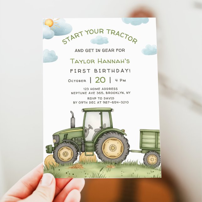 Modern Green Tractor 1st Birthday Party Einladung (Von Creator hochgeladen)