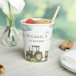 Modern Green Tractor 1st Birthday Party Pappbecher