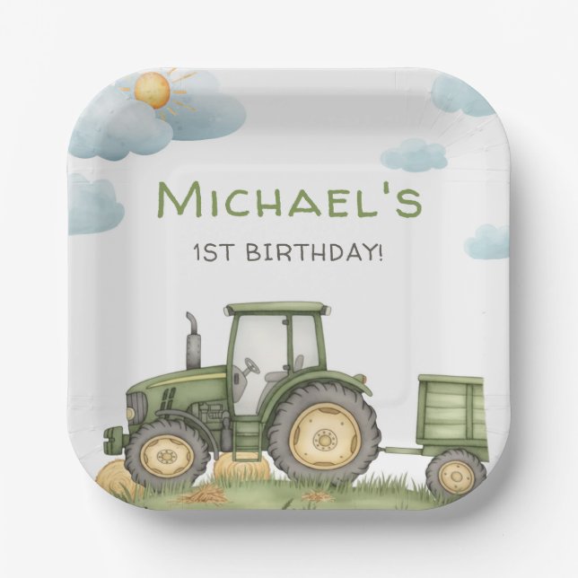 Modern Green Tractor 1st Birthday Party Pappteller (Vorderseite)