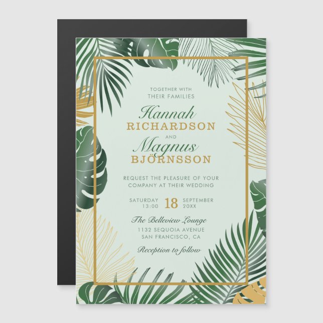 Modern Green Tropical Palm Blätter Trendy Wedding Magneteinladung (Vorne/Hinten)