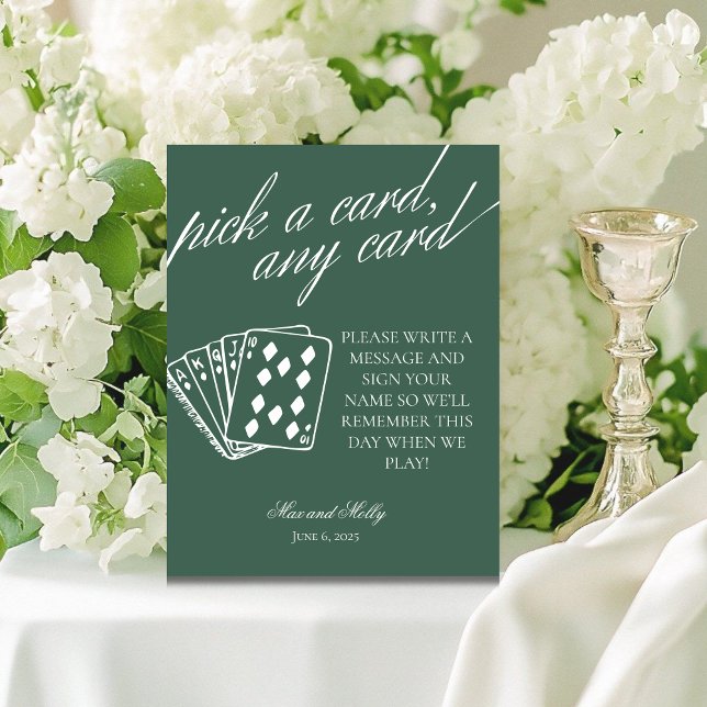 Modern Green Wedding Playing Cards Pedestal-Zeiche Sockelschild (Add a fun touch to your wedding or event with this modern serif playing cards guest book sign.)