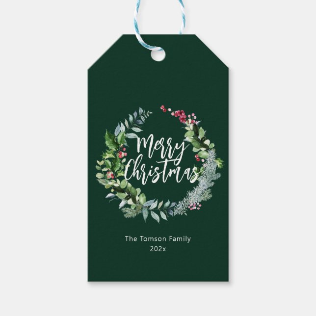 modern green wreath holiday script christmas geschenkanhänger (Vorderseite)