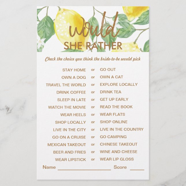 Modern Green Yellow Lemon Brautparty Game (Vorderseite)