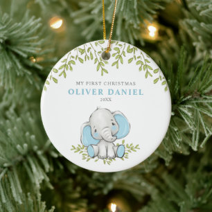 Modern Greenerie Elefant Junge Erste Weihnachten Keramik Ornament