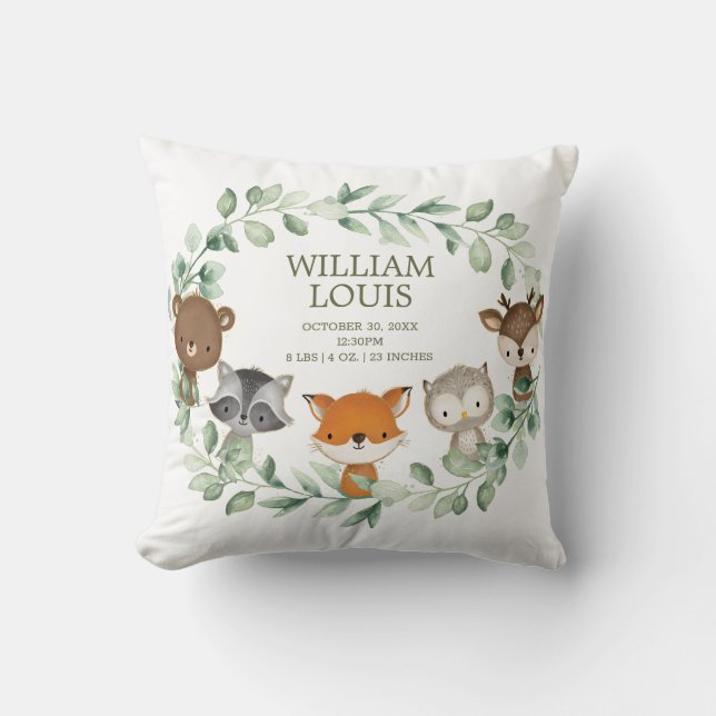 Modern Greenerie Woodland Birth Stats Boy Kinderzi Kissen (Vorderseite)