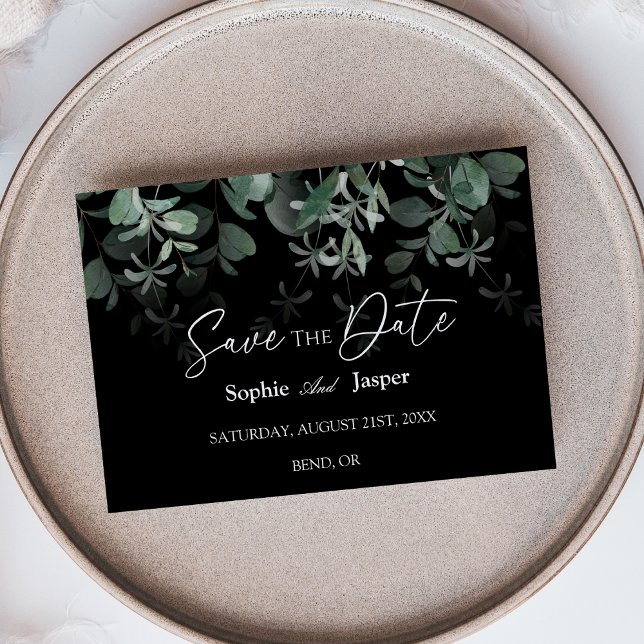 Modern Greenery Black Flat Save the Date Card (Von Creator hochgeladen)