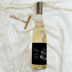 Modern Greenery Black Wedding Wine Label Weinetikett