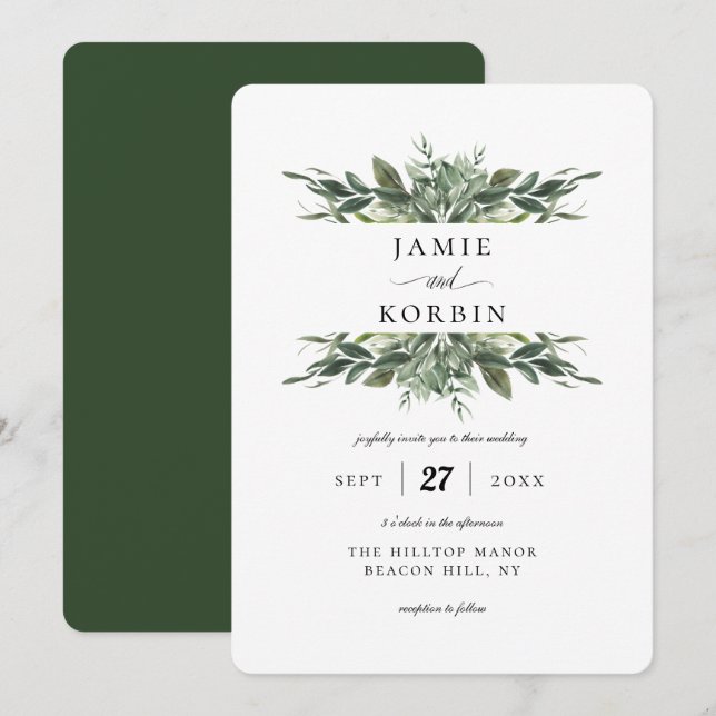 Modern Greenery Bouquets Wedding Einladung (Vorne/Hinten)