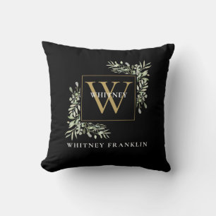 Modern Greenery Foliage Black Gold Monogram Kissen