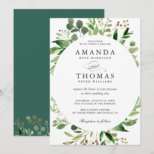 Modern Greenery Foliage Blätter Wreath Wedding Einladung (Vorne/Hinten)