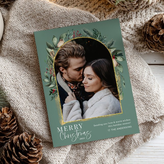 Modern Greenery Gold Arch Frohe Weihnachten Foto (Von Creator hochgeladen)