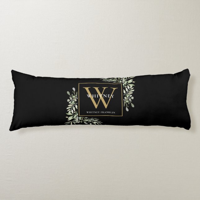 Modern Greenery Gold Monogram Black Seitenschläferkissen (Vorderseite)