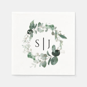 Modern Greenery White Wedding Monogram Napkin Serviette