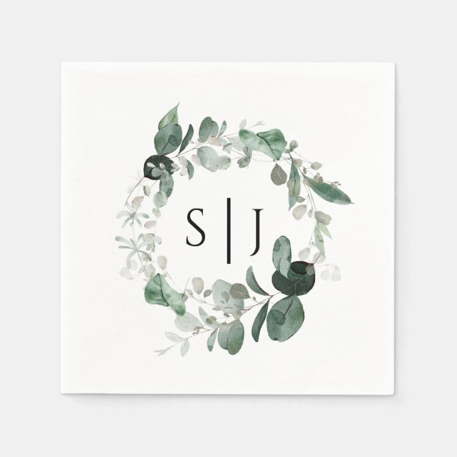Modern Greenery White Wedding Monogram Napkin Serviette (Vorderseite)