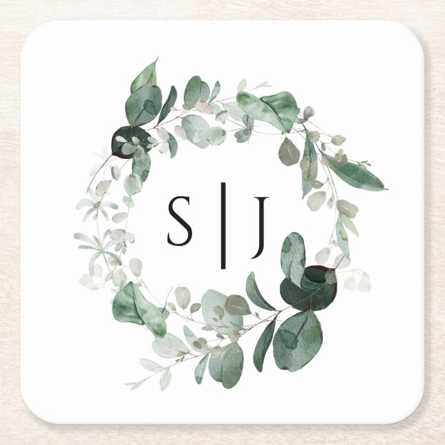 Modern Greenery White Wedding Monogram Rechteckiger Pappuntersetzer (Vorderseite)